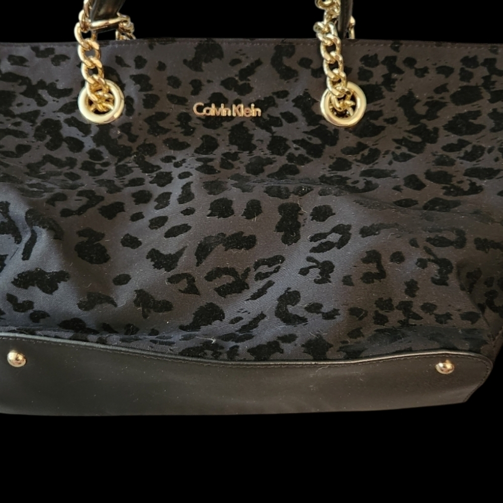 Calvin Klein Black Leopard-Print Tote with Gold Chain Handles